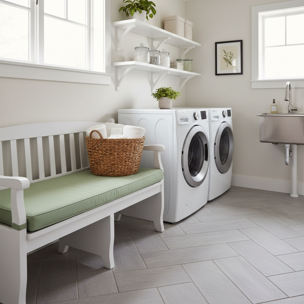 Navy blue 64 bench cushion with geometric patterns on a cozy outdoor patio