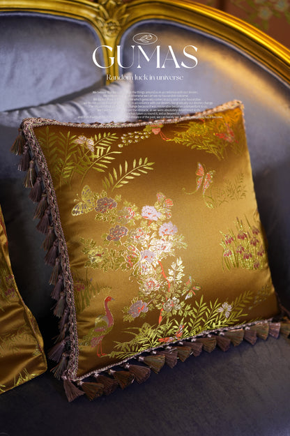 Vintage floral brocade pillow Chinese jacquard style with insert variant