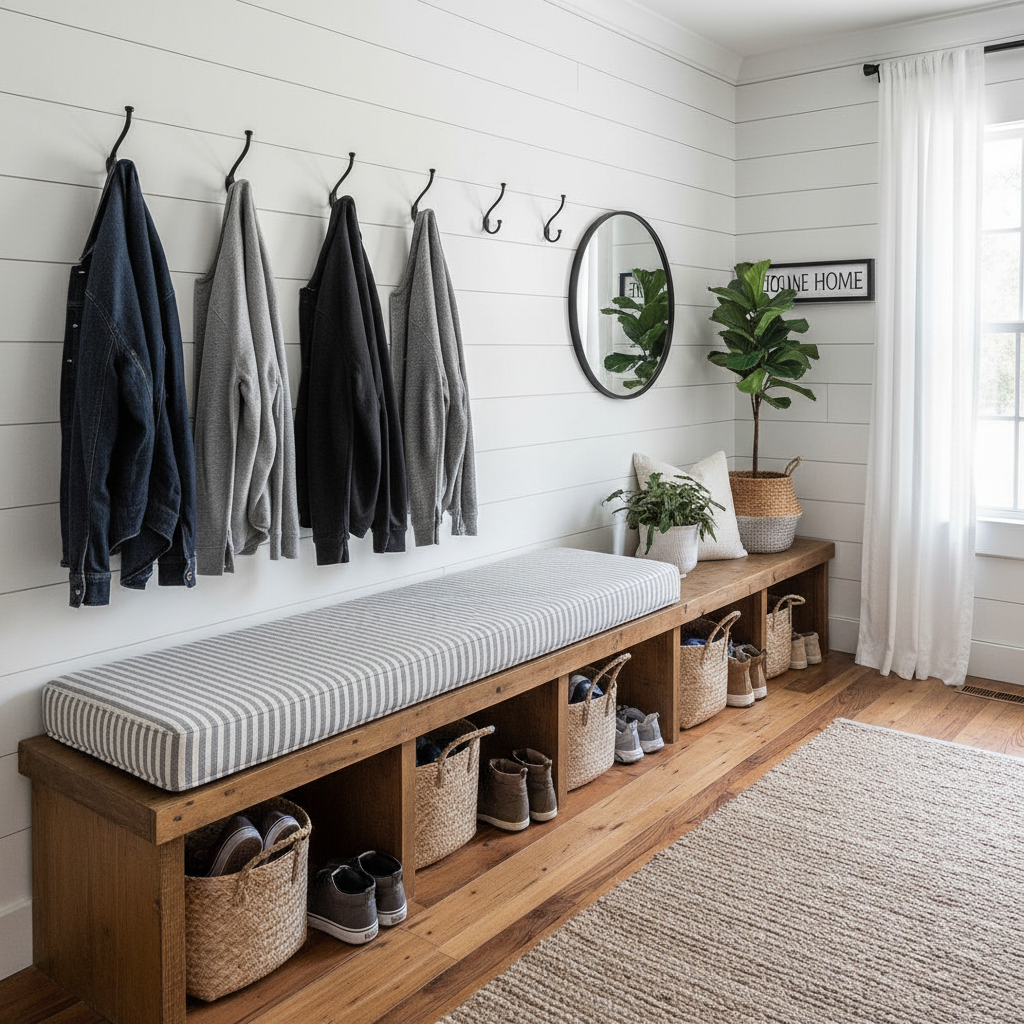 70 inch navy blue patterned bench cushion on an outdoor patio