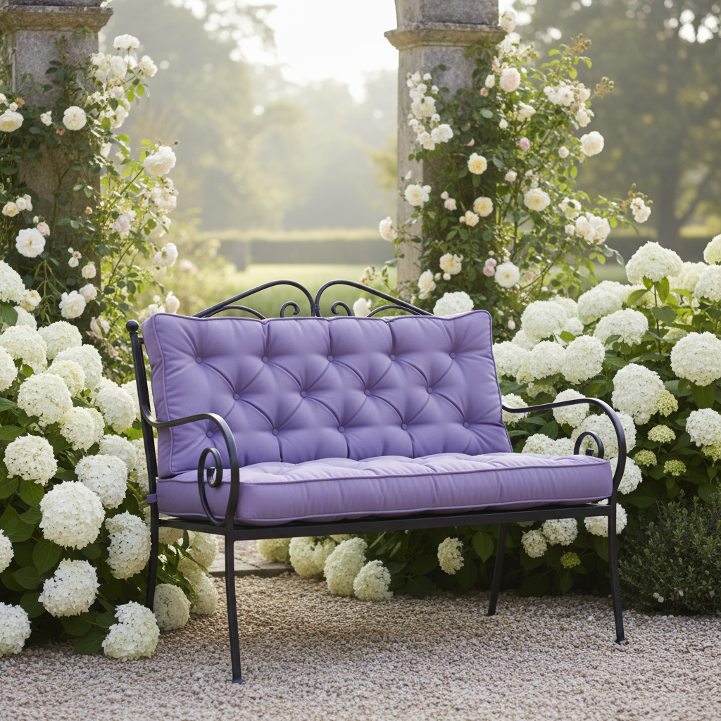Cozy outdoor space featuring a stylish 72 inch bench cushion in a vibrant pattern