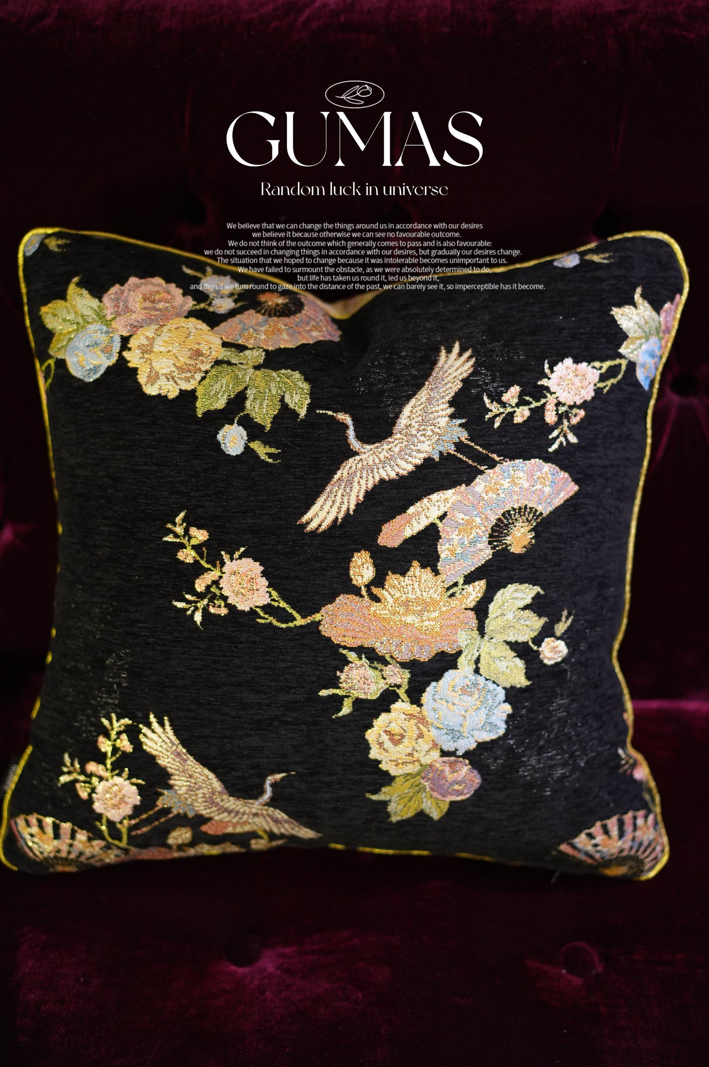 Embroidered silk satin pillow black Chinese crane with insert variant