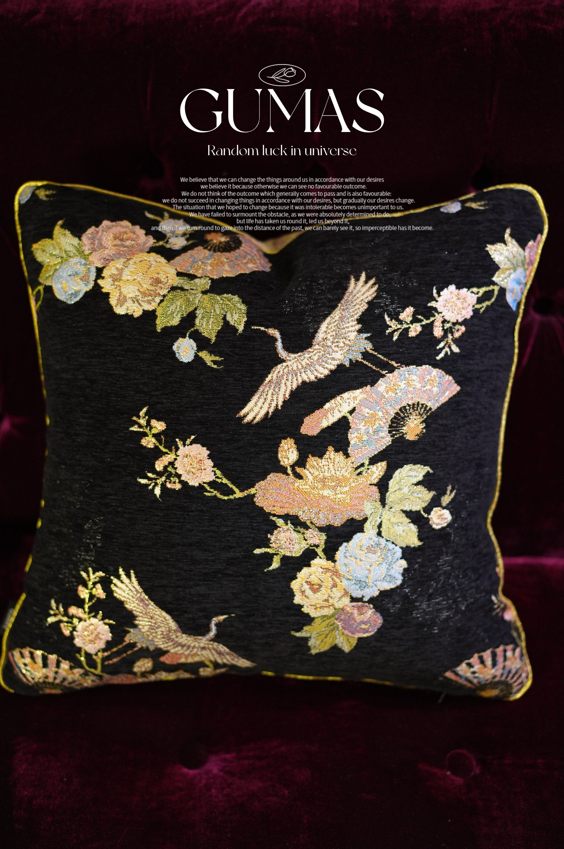Embroidered silk satin pillow black Chinese crane with insert variant
