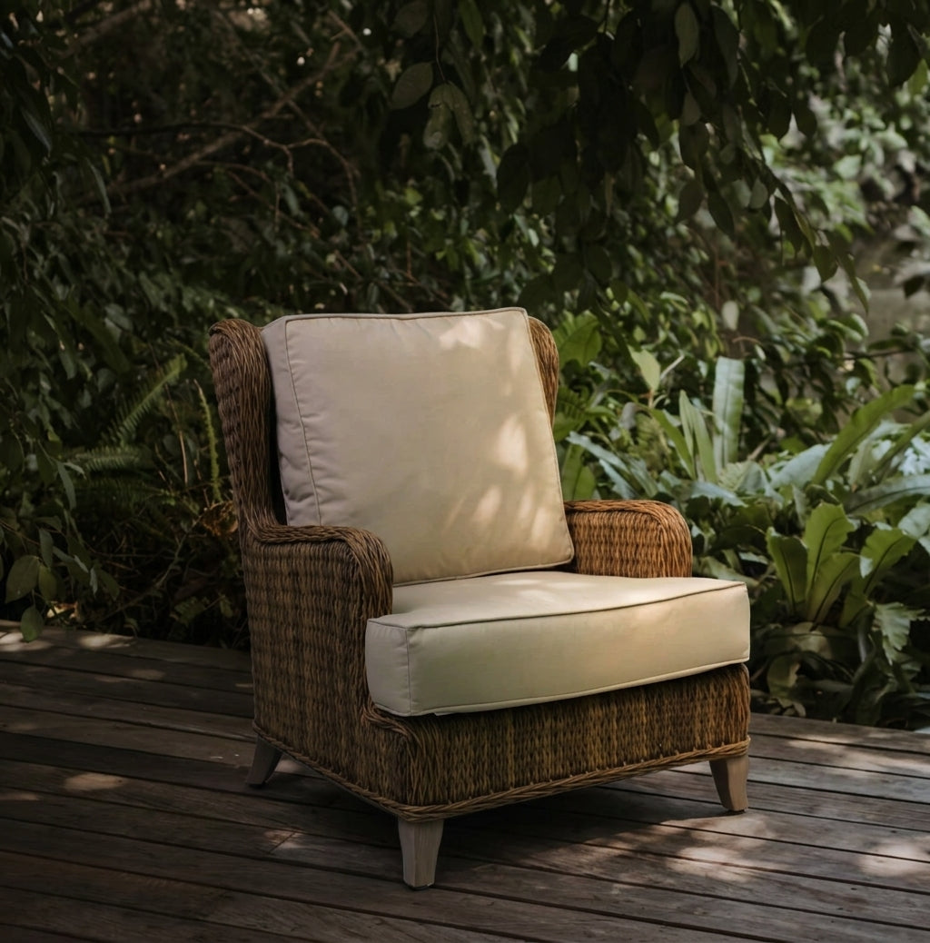 Custom T-shape cushion on outdoor accent chair – exact fit replacement cushion