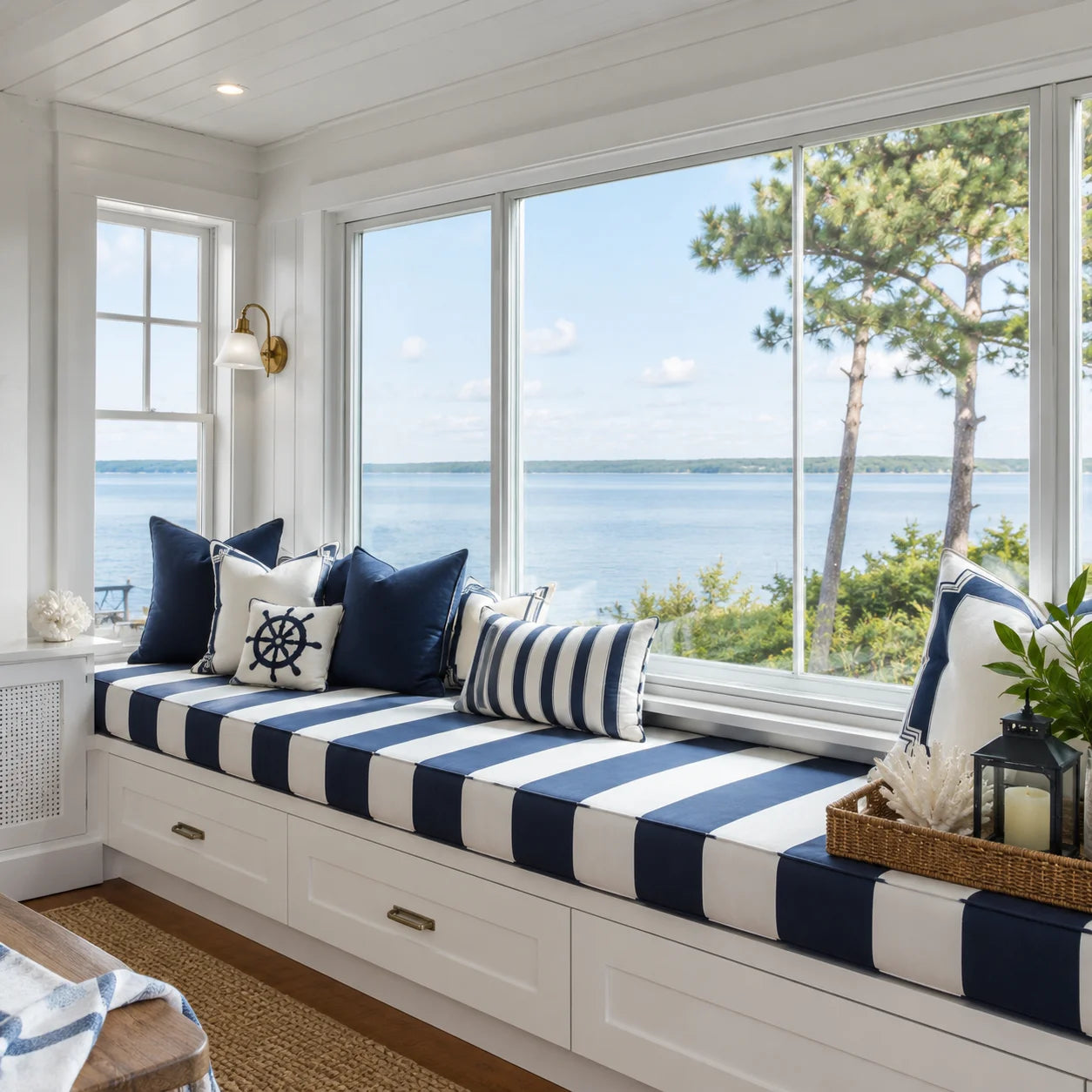 Coastal built-in window seat with a custom cushion for a relaxing home space