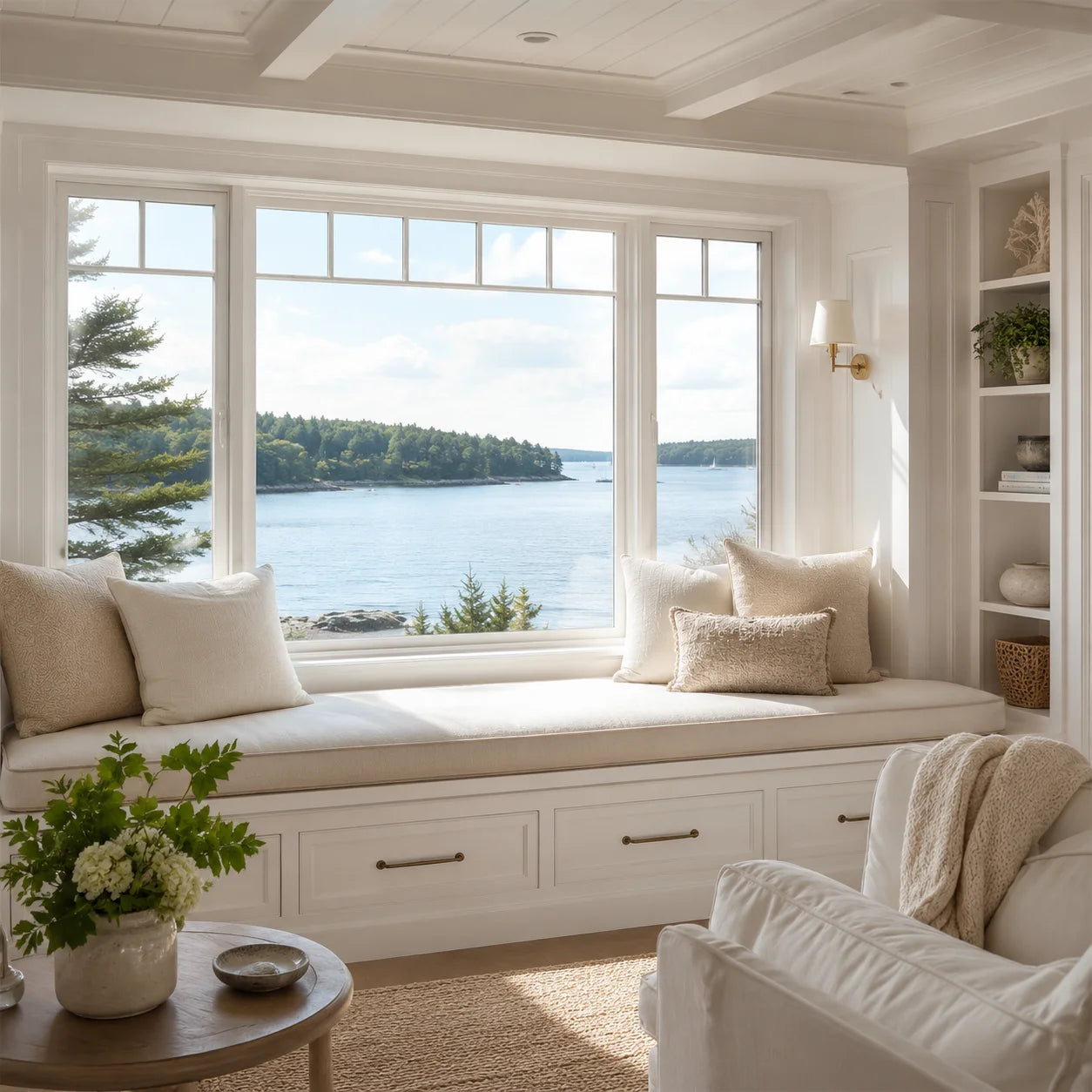 Coastal window seat with navy blue custom bench cushions