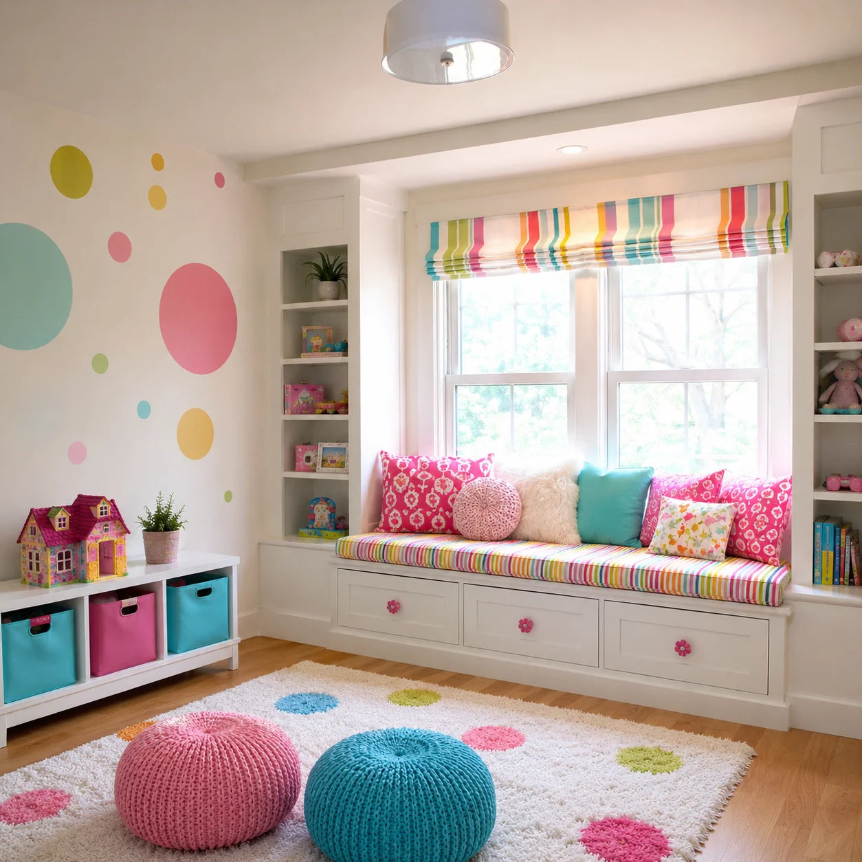 Colorful kids window seat with custom cushions and a storage bench