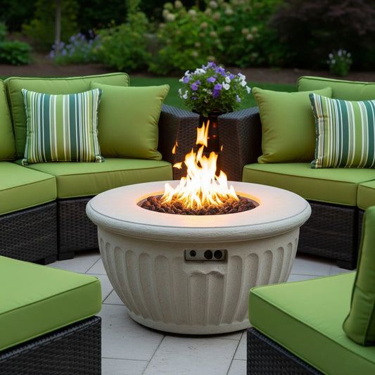 A round beige fire pit with flames is centered among wicker patio furniture with bright green cushions and green/white striped pillows. The setting is an outdoor patio with a blurred green lawn in the background-CustomOutdoorFurnitureCushions