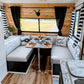 Custom black and white RV dinette cushions for a camper remodel