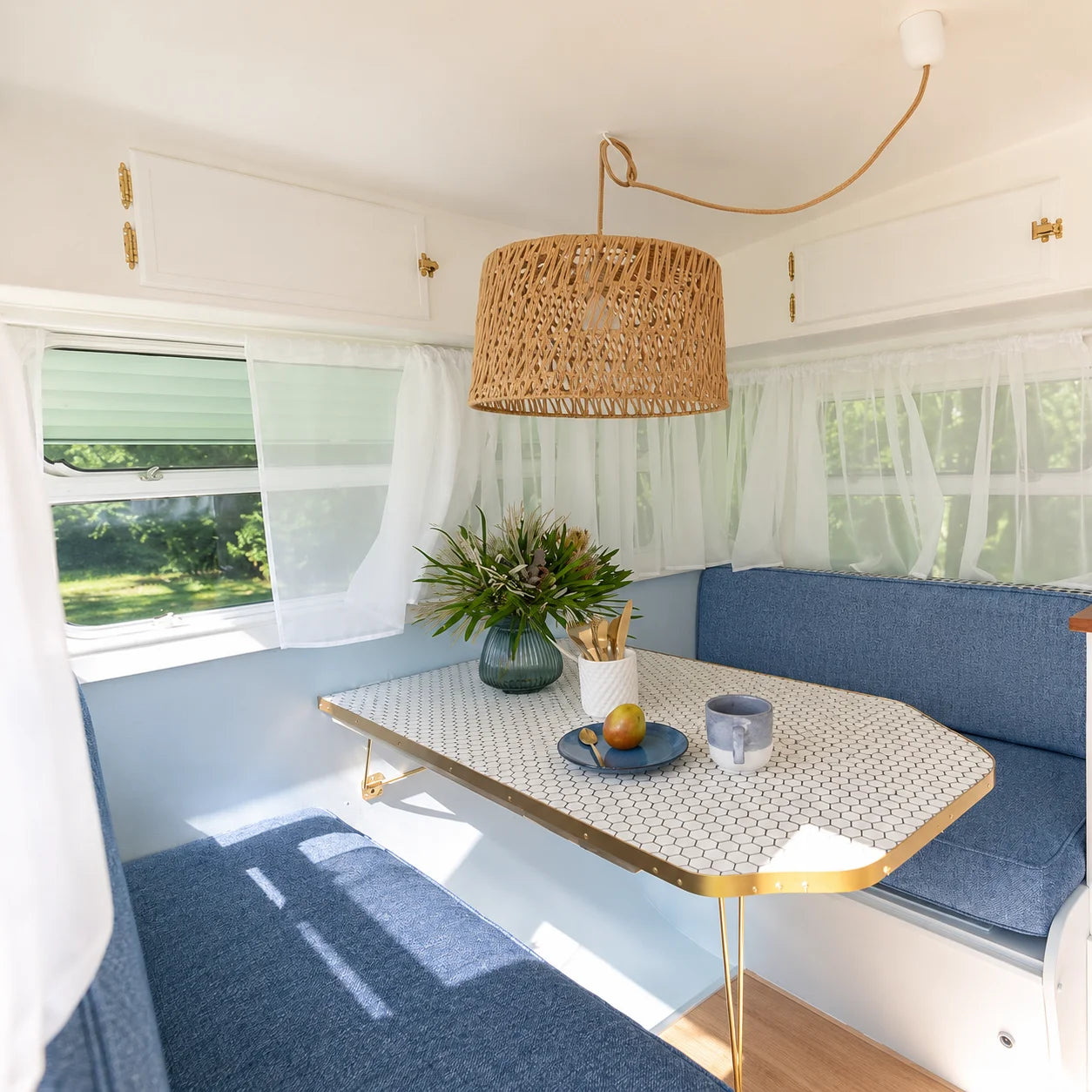Custom blue camper dinette cushions for travel trailer seating
