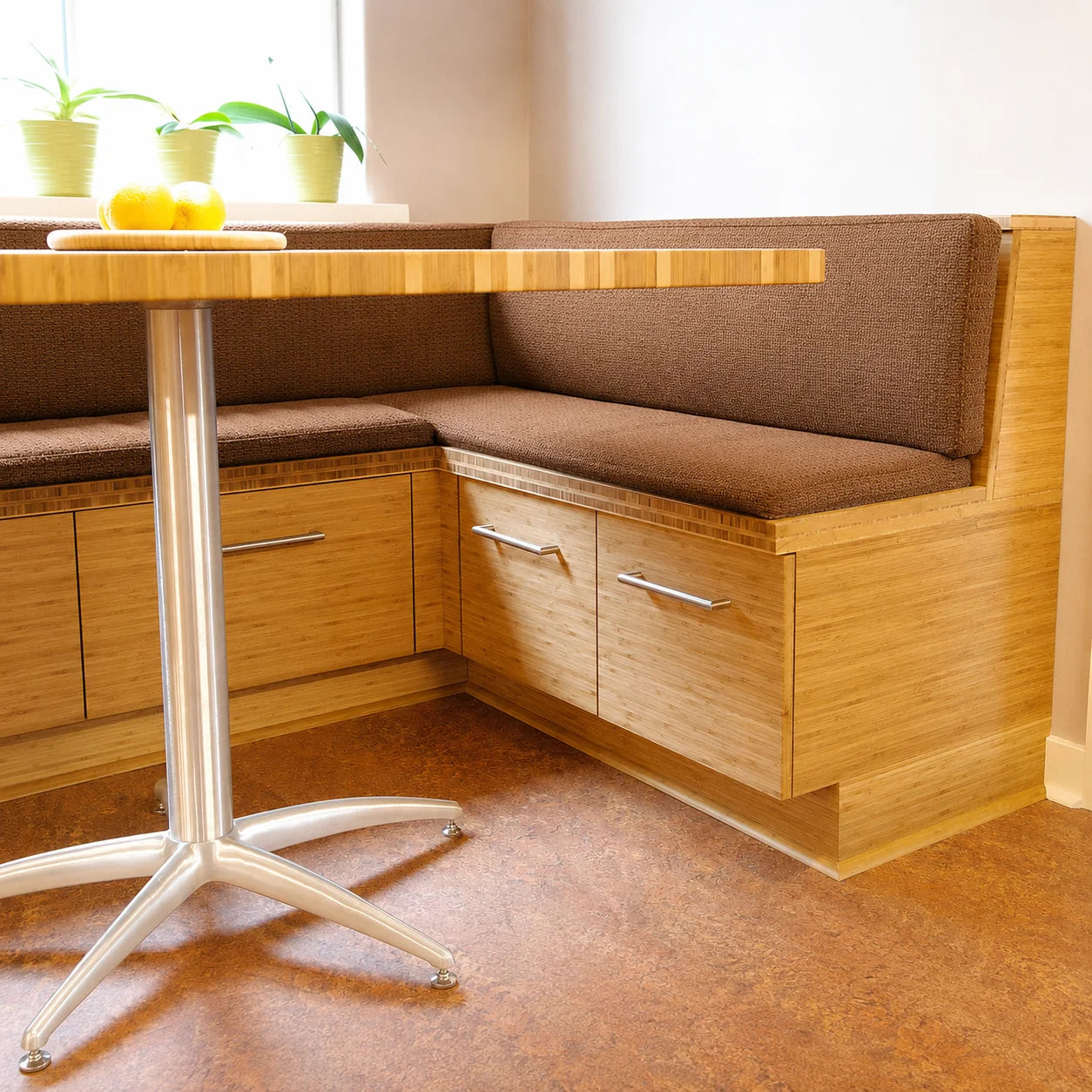 Custom brown banquette cushions for kitchen booth bench seating