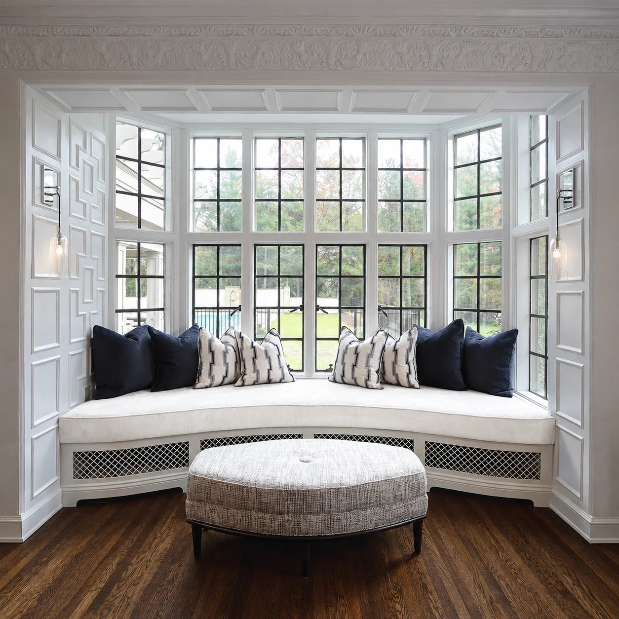 Custom curved bay window seat cushion for a built-in bench