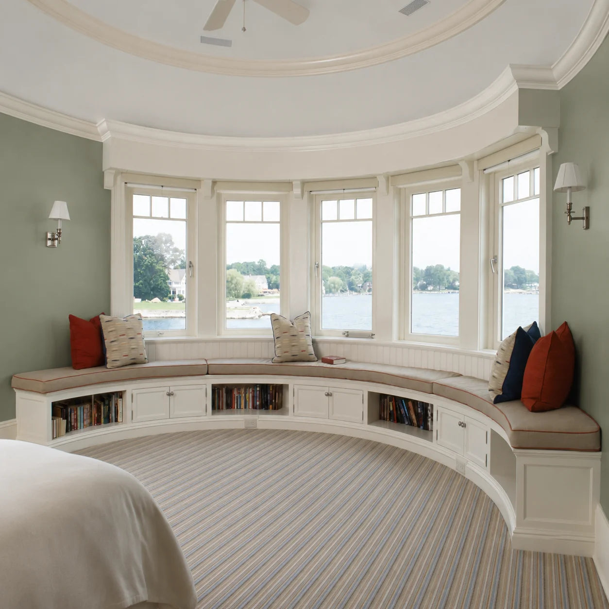 Custom curved bay window seat cushion for a built-in storage bench