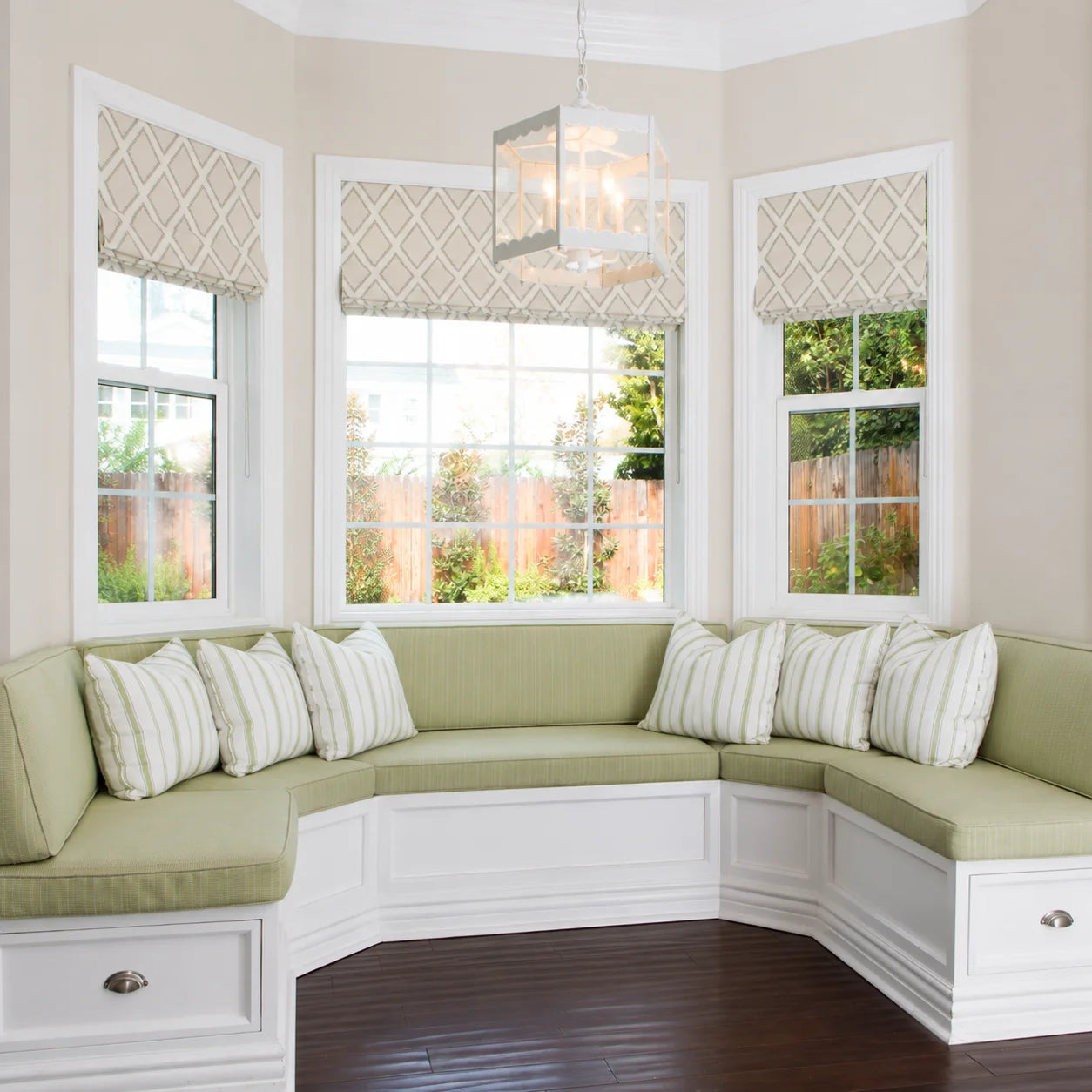 Custom green bay window bench cushions for breakfast nook seating