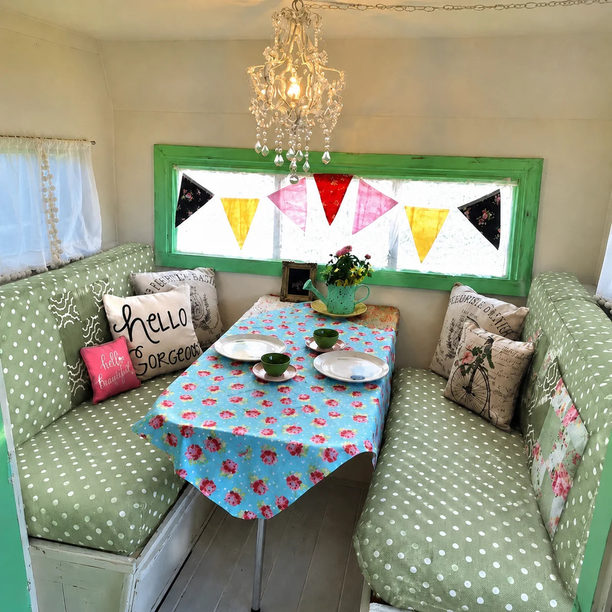 Custom green polka dot camper dinette cushions for a vintage RV