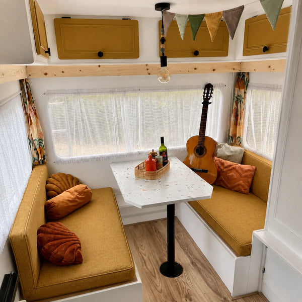 Custom mustard yellow camper dinette cushions for RV booth seating