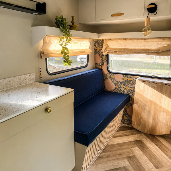 Custom navy blue camper bench cushion for RV dinette seating
