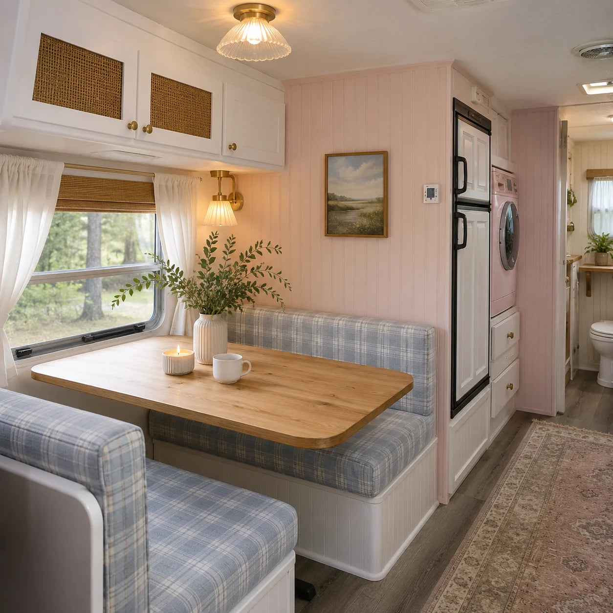 Custom plaid RV dinette cushions for a travel trailer booth