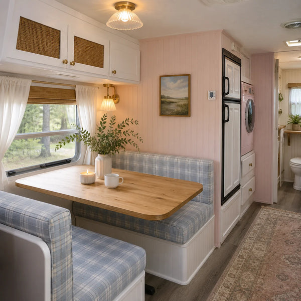 Custom plaid RV dinette cushions for a travel trailer booth
