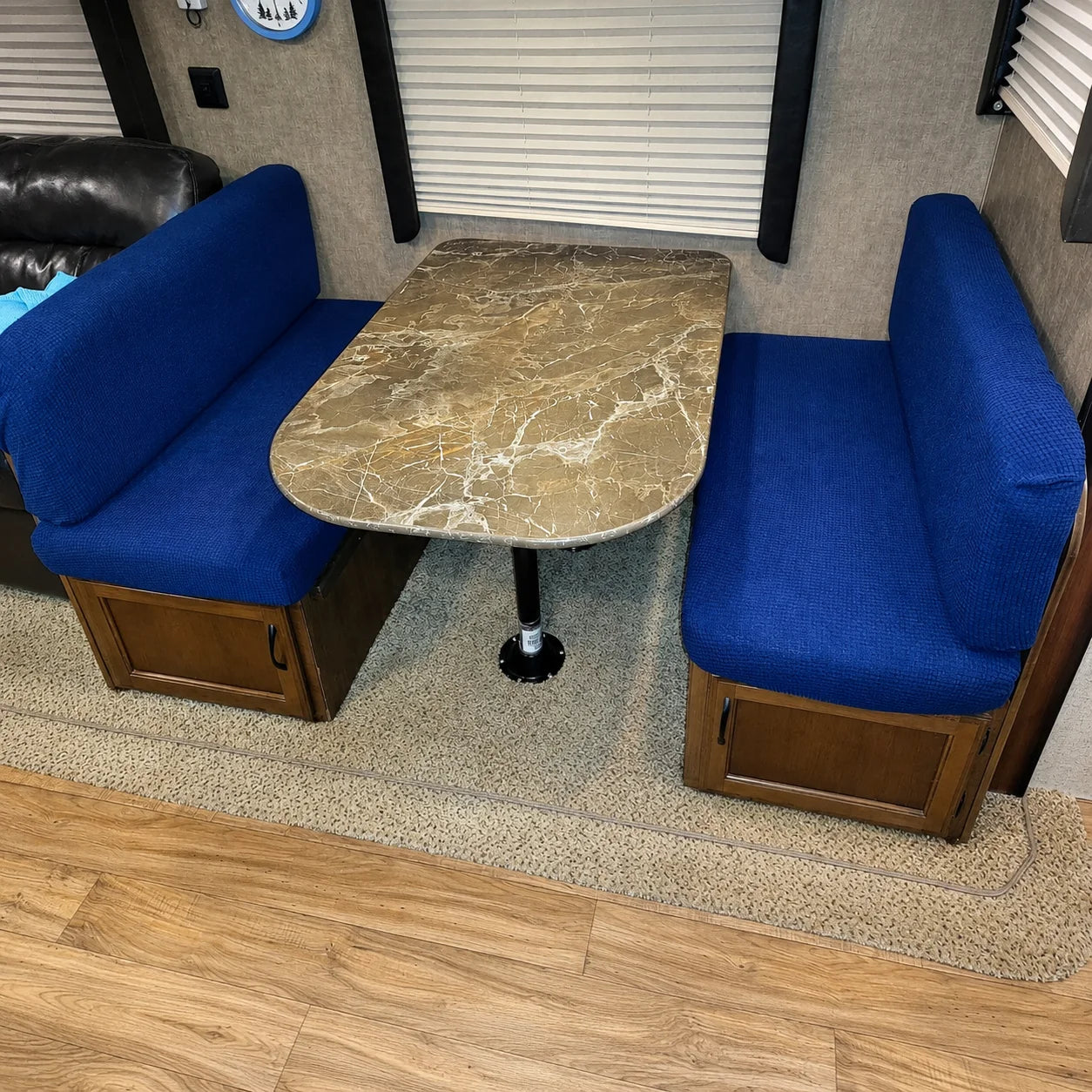 Custom royal blue RV dinette cushions for camper booth seats