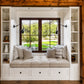 Custom tufted window seat cushion for a built-in bench with storage