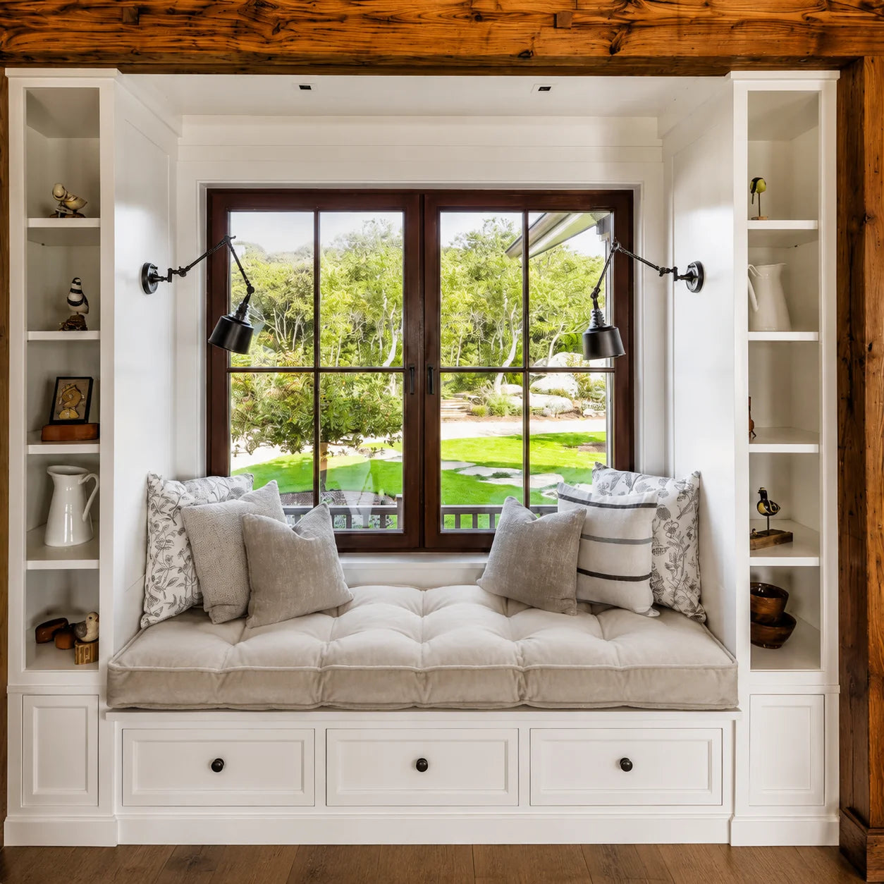 Custom tufted window seat cushion for a built-in bench with storage