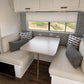 Custom white RV dinette cushions for camper booth seating