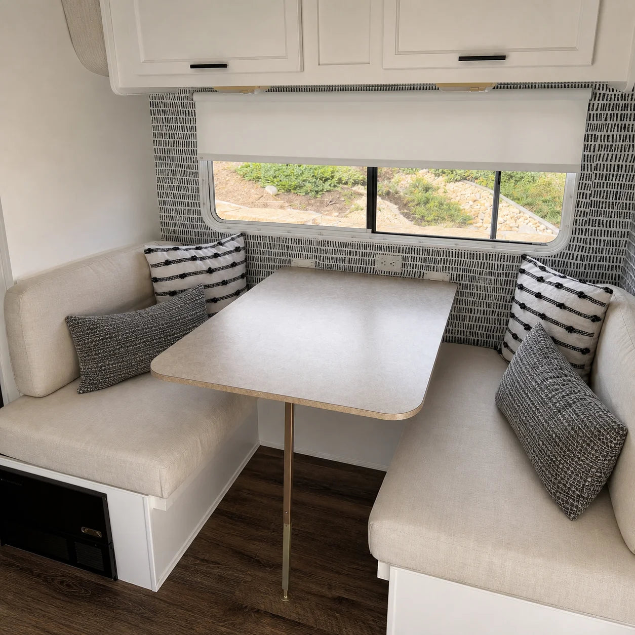 Custom white RV dinette cushions for camper booth seating