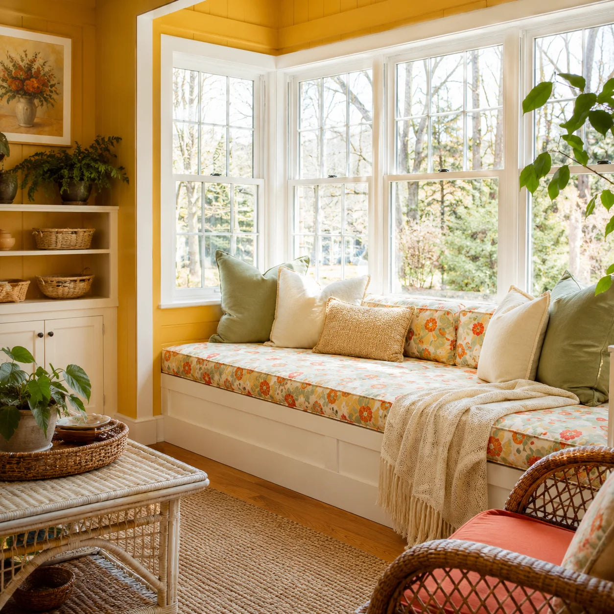 Custom window seat cushion for a cozy sunroom reading nook