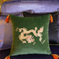 green velvet embroidered gold dragon throw pillow with tassels