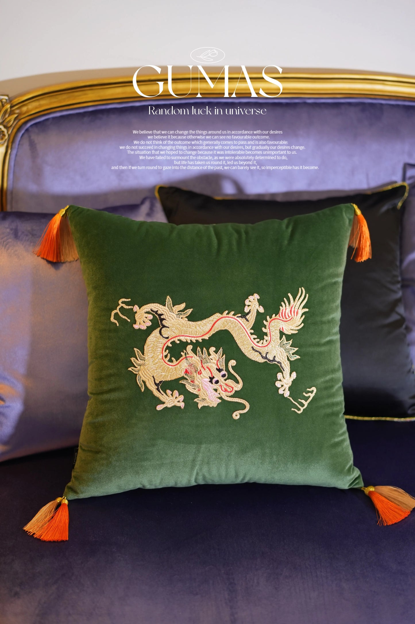green velvet embroidered gold dragon throw pillow with tassels