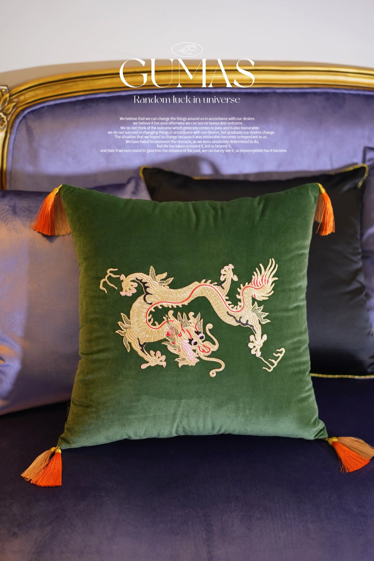 green velvet embroidered gold dragon throw pillow with tassels