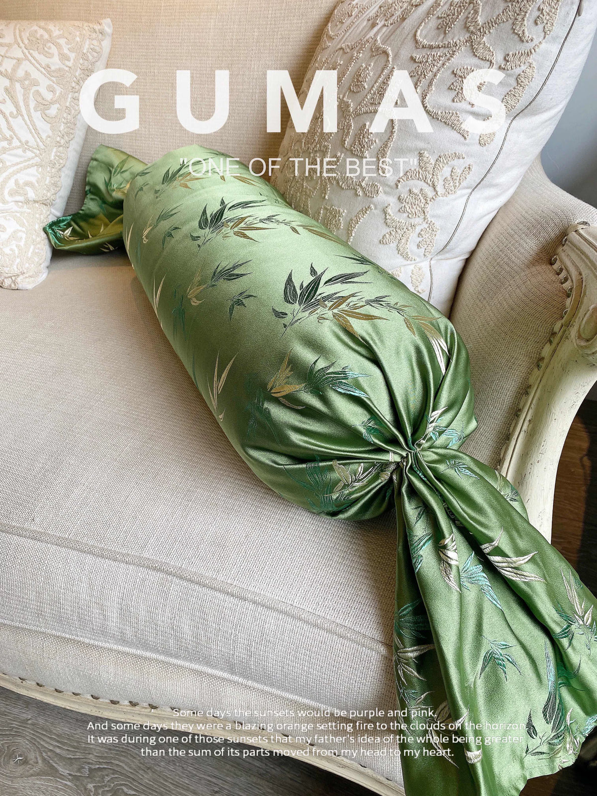 green bamboo jacquard satin bolster cushion detail with candy tie