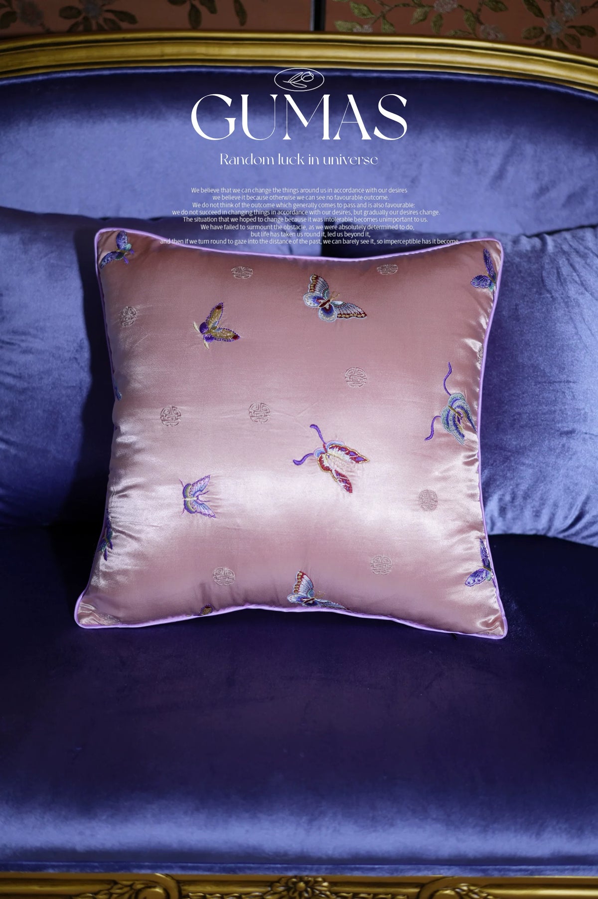 pink butterfly embroidered silk throw pillow