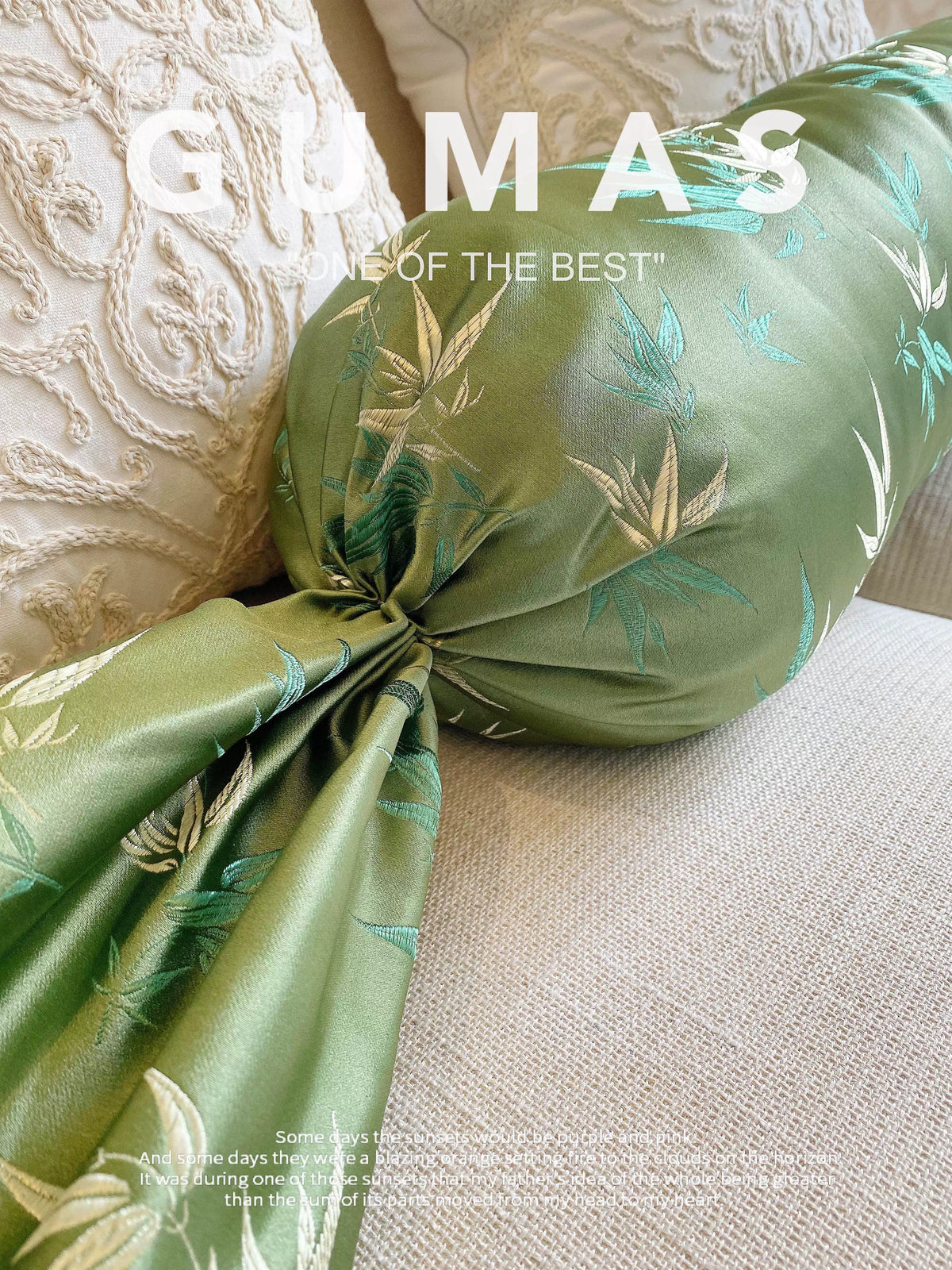 bamboo jacquard bolster tied end close up green