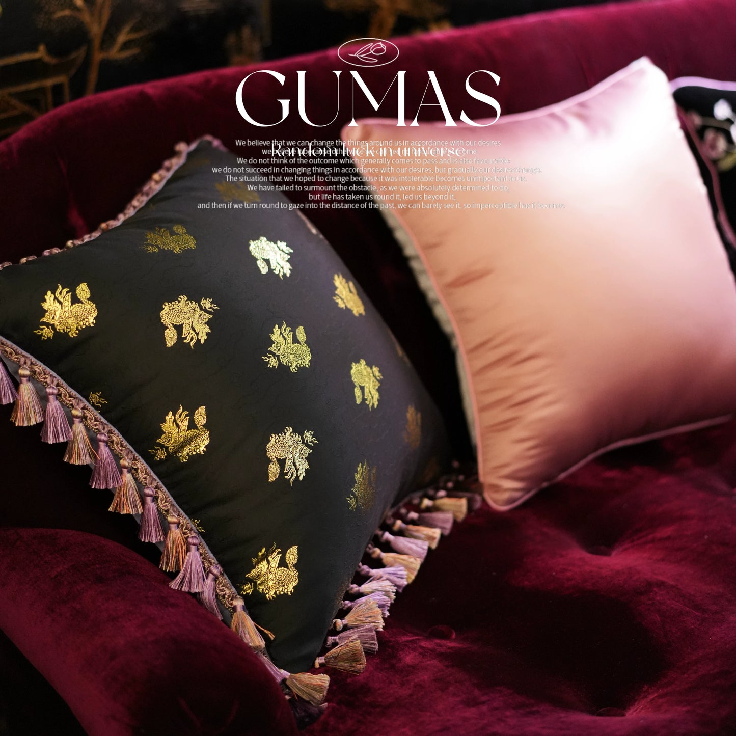 black gold qilin tassel throw pillow on velvet sofa