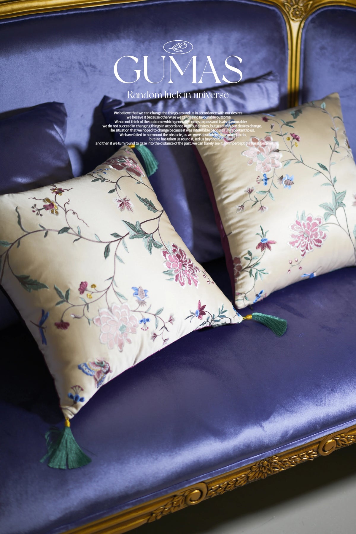 pair of champagne silk embroidered peony throw pillows on sofa