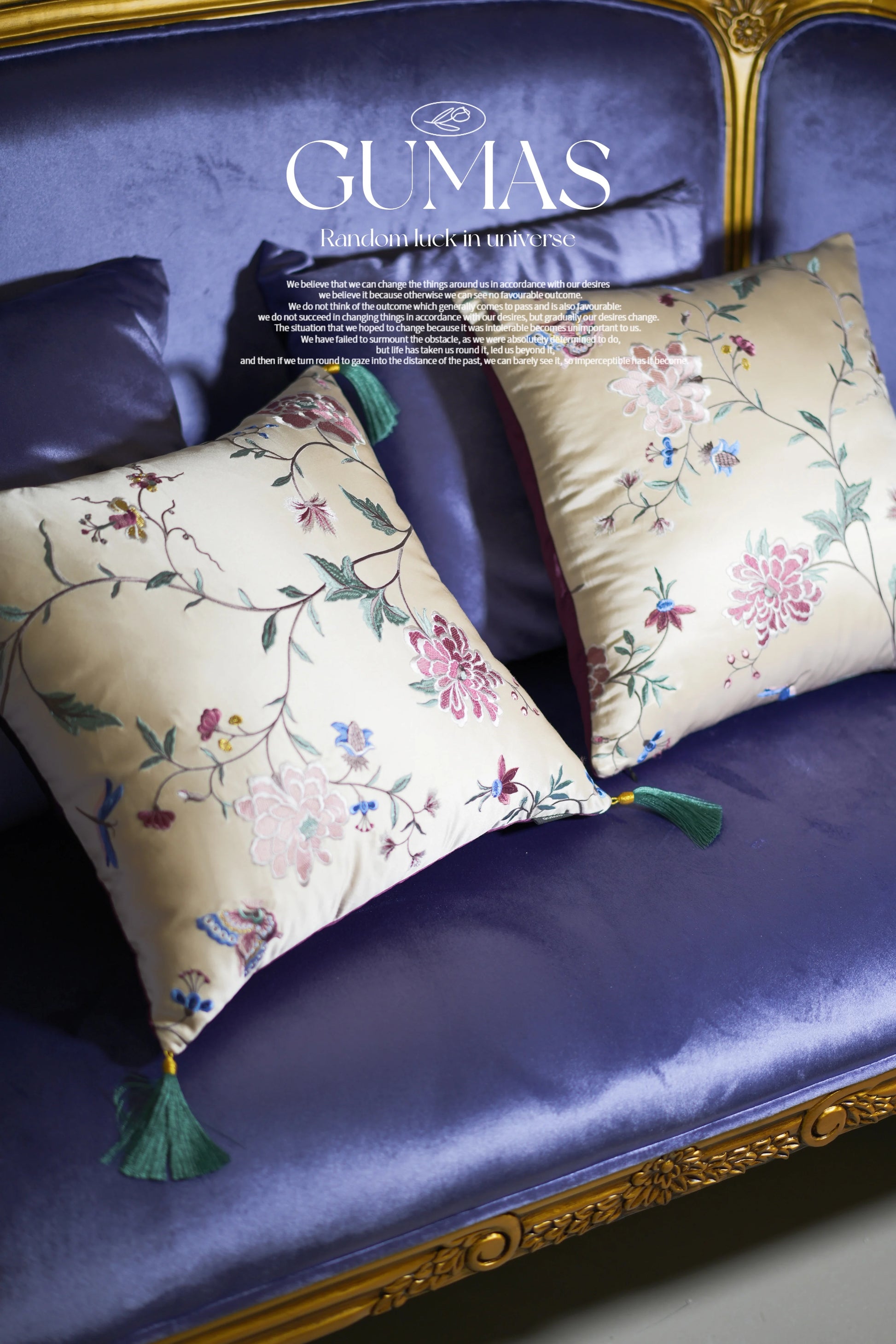 pair of champagne silk embroidered peony throw pillows on sofa