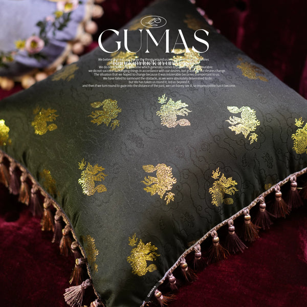 black and gold qilin chinoiserie satin throw pillow 18x18 with tassels