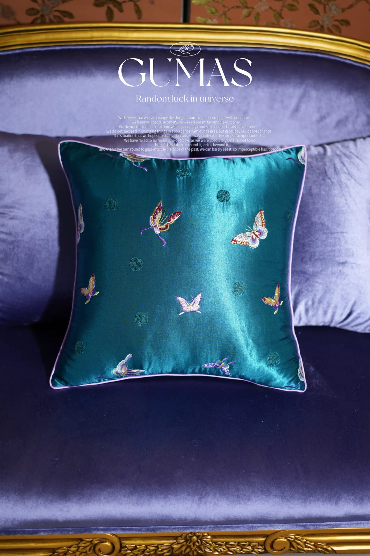 blue butterfly embroidered silk throw pillow