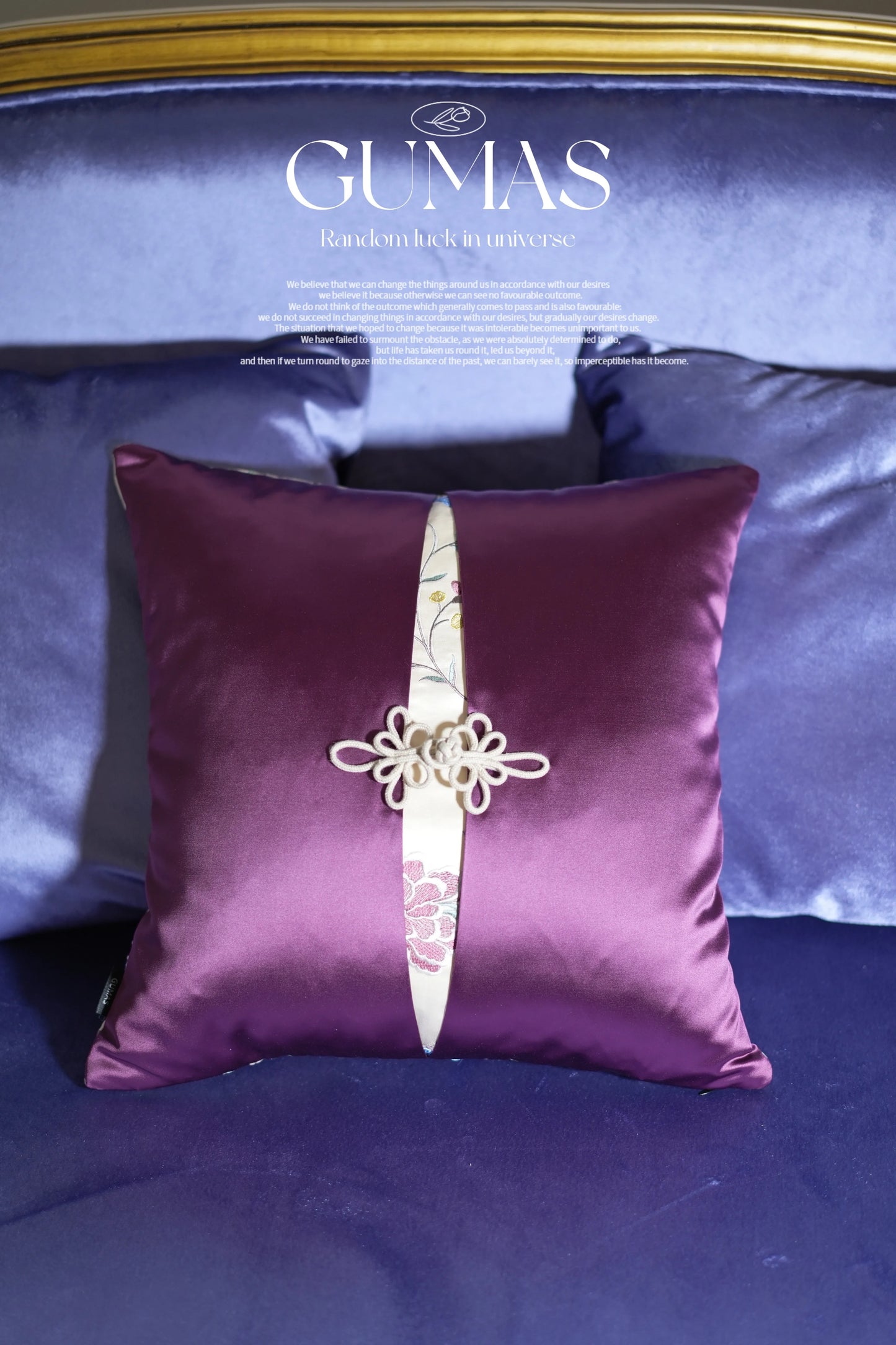 purple silk throw pillow with embroidered floral band and pankou frog button