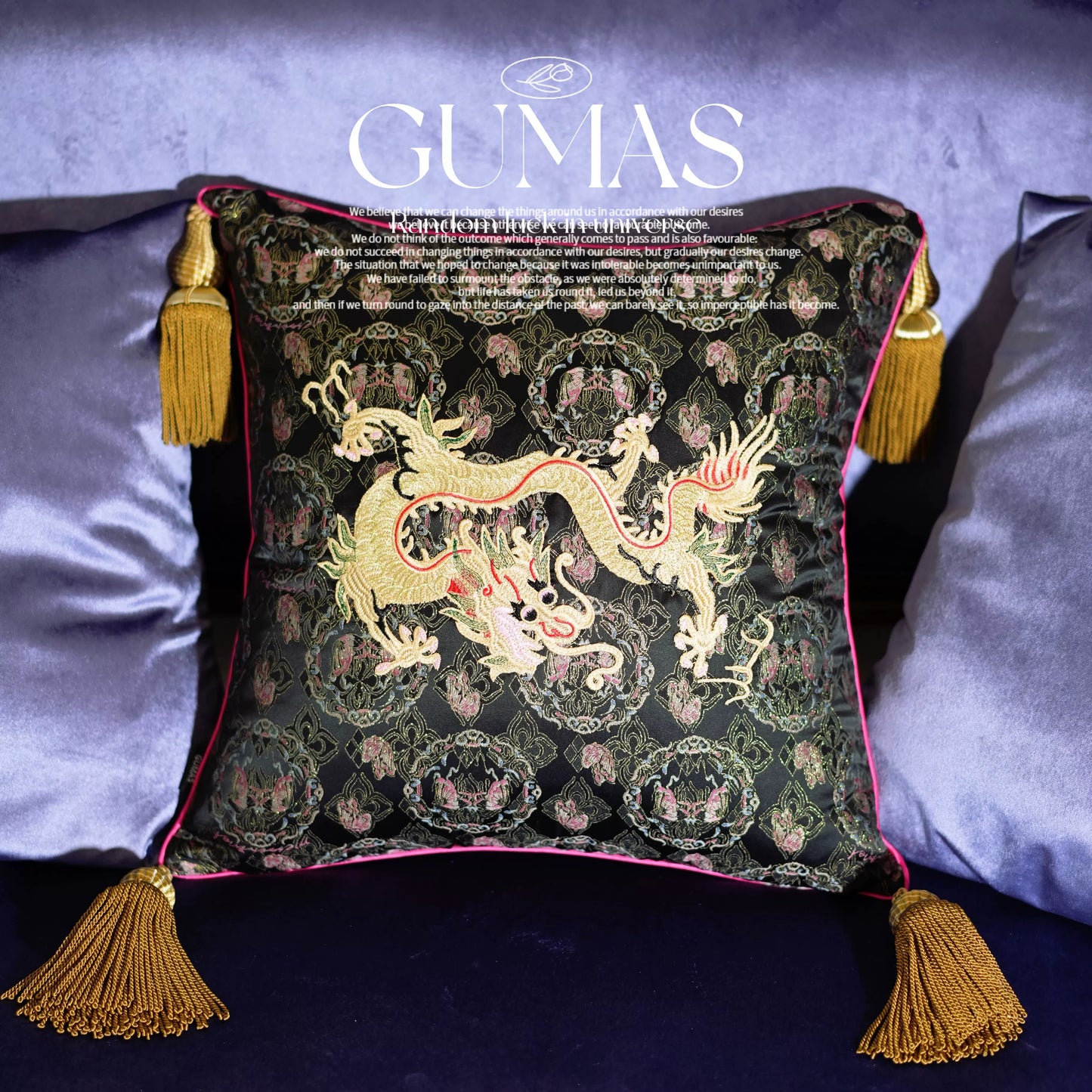 gold brocade jacquard dragon throw pillow 18x18 with tassels