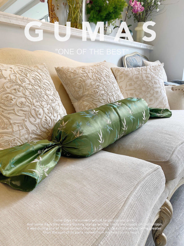 green bamboo jacquard bolster candy pillow with tied ends 8x24