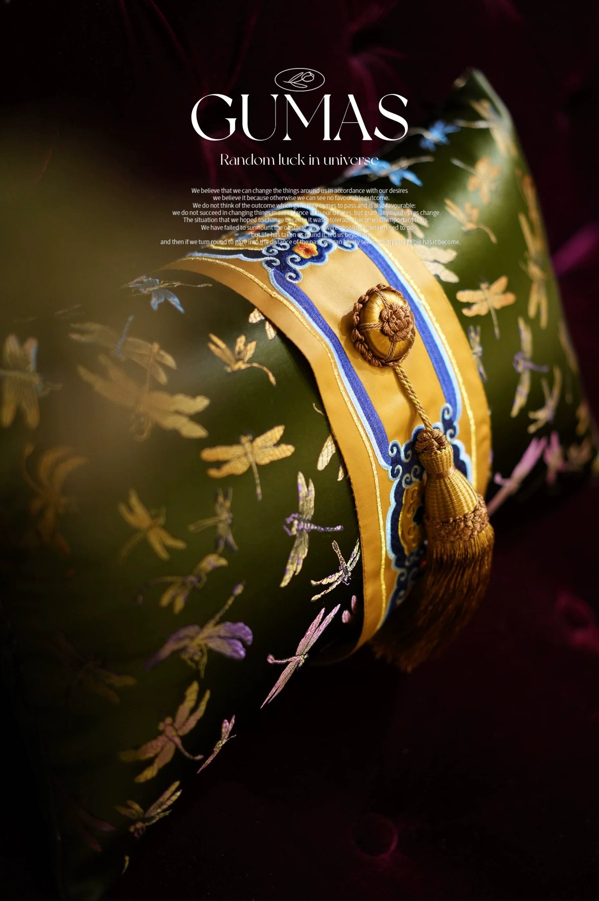 olive green dragonfly jacquard lumbar pillow with gold tassel