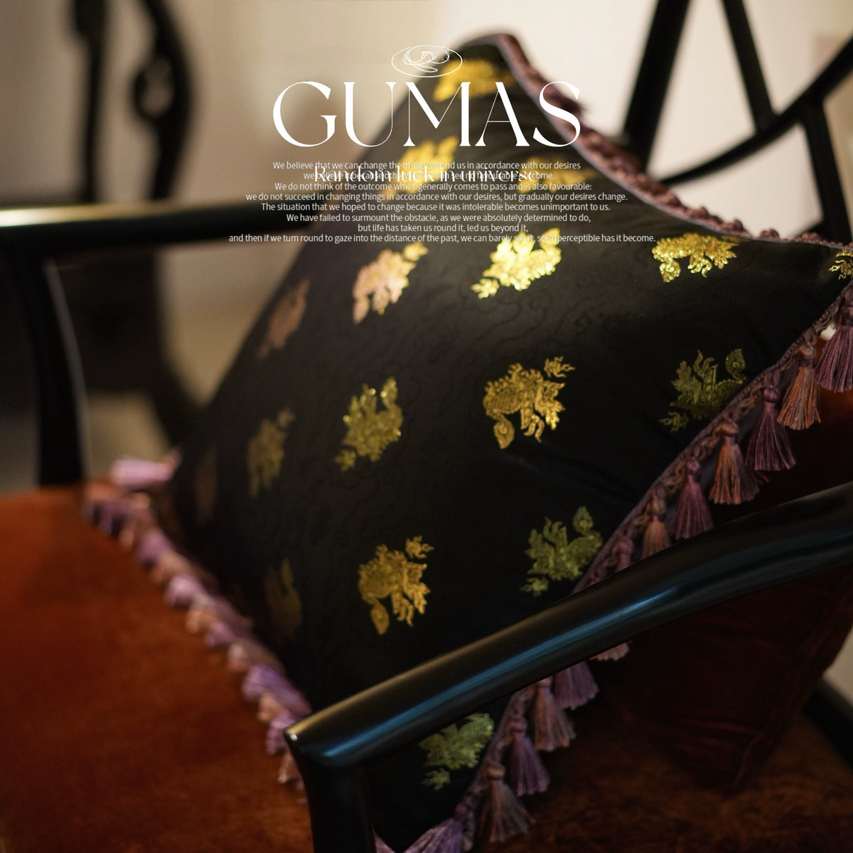 oriental black and gold tasseled throw pillow