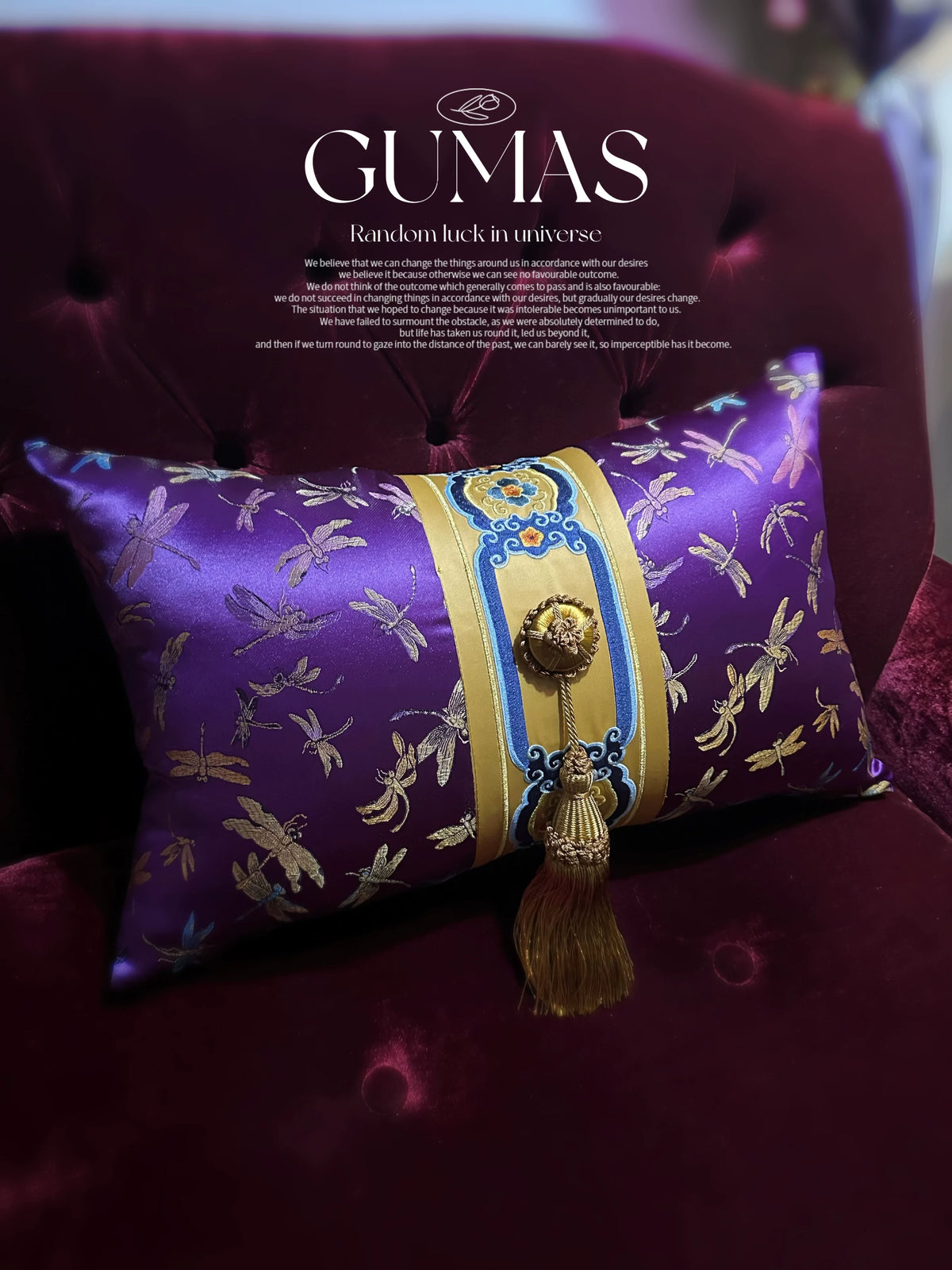 purple dragonfly jacquard satin lumbar cushion chinoiserie