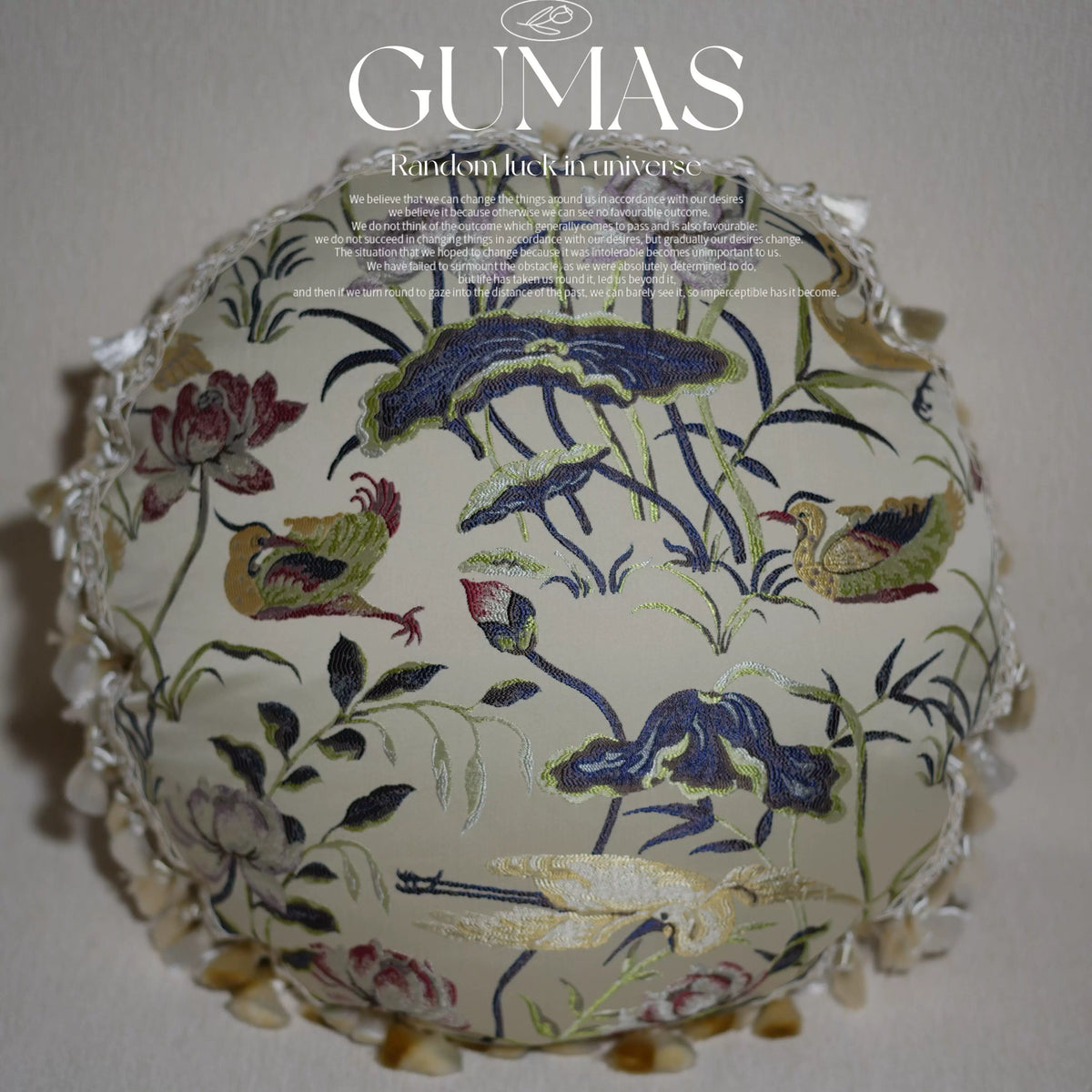 round cream lotus embroidered cushion with crane and dragonfly