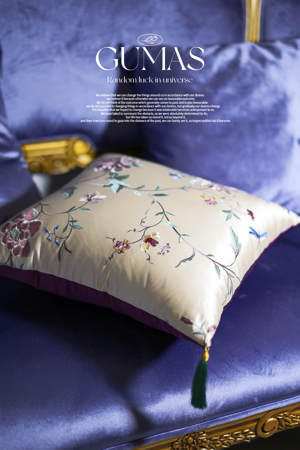 champagne silk floral embroidered chinoiserie cushion detail