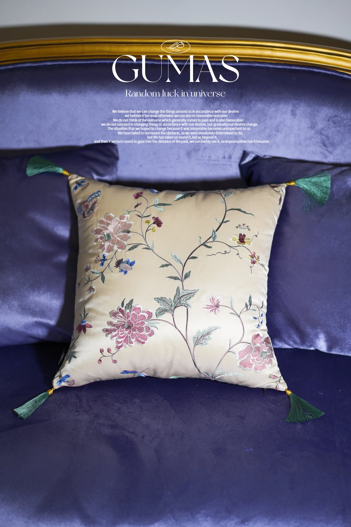 champagne silk embroidered floral throw pillow with tassels 17x17