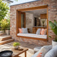 Outdoor custom window seat cushion for a patio kitchen pass-through