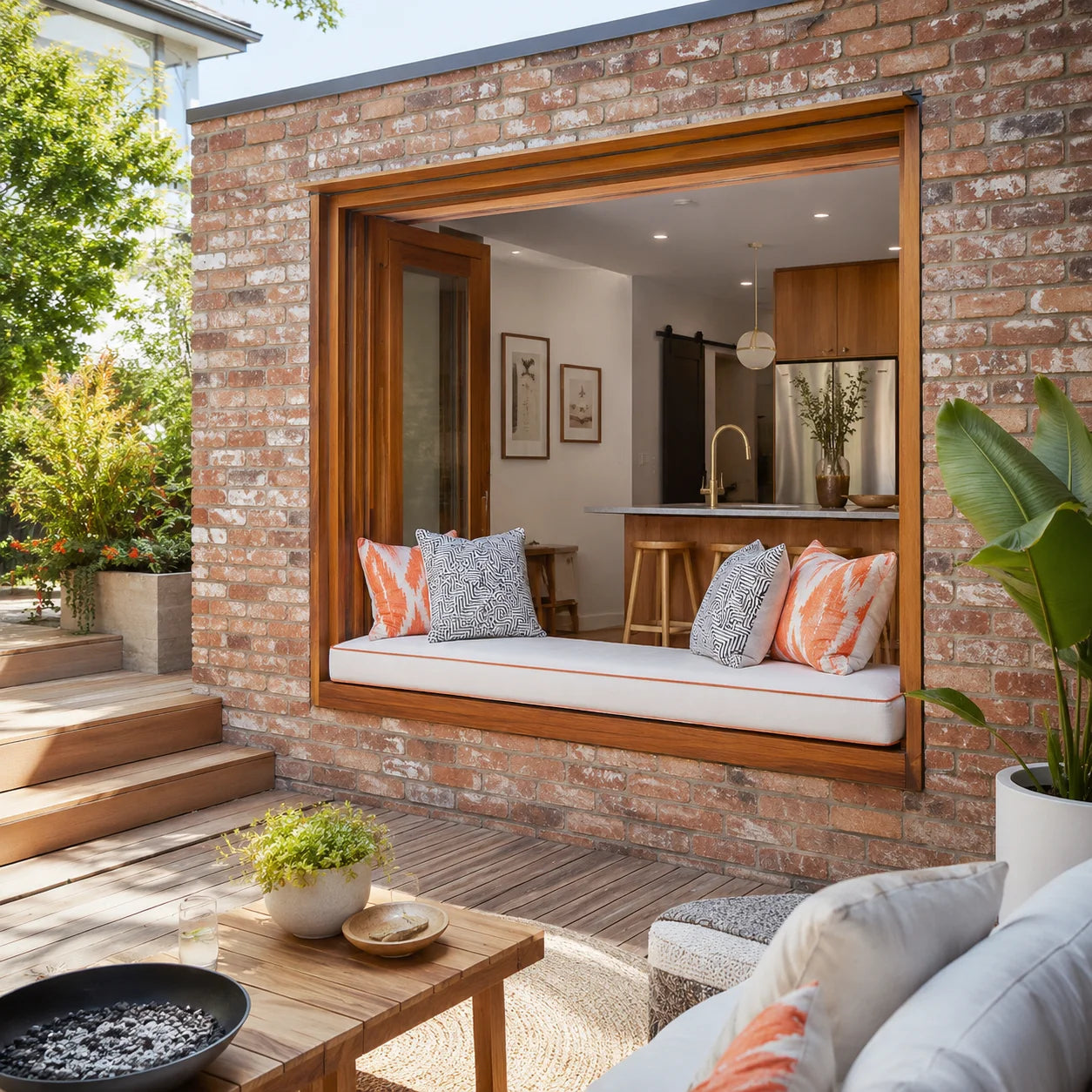 Outdoor custom window seat cushion for a patio kitchen pass-through